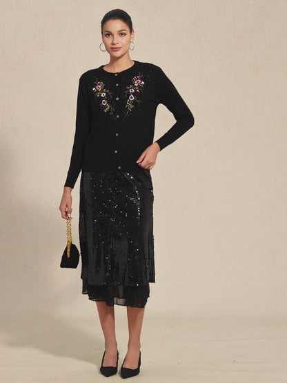 Cardigan Floreale Ricamato Con Strass