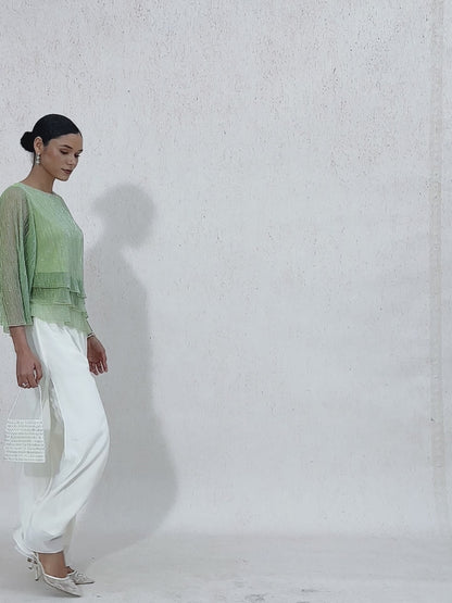 Metallic Pleated Chiffon Asymmetrical Layered Blouse