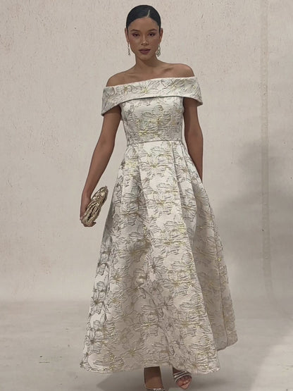 Off the Shoulder Metallic Floral Jacquard Ballgown