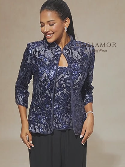 Floral Mandarin Collar Sequin Twinset