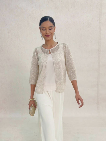 Sequin Mesh Round Neck 3/4 Sleeve Twinset