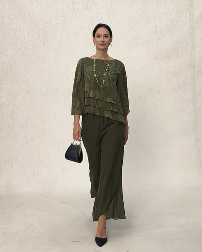 Straight Leg Mid Waist Layered Chiffon Pants