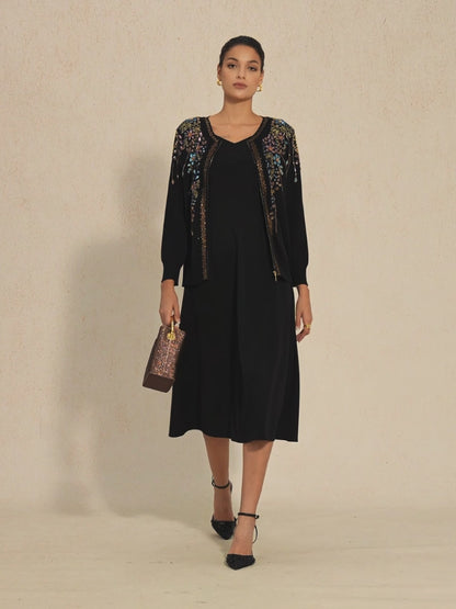 Giacca in maglia con fiori etnici e strass