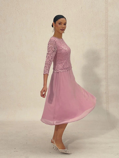 Elegant Lace and Chiffon Tea-Length Dress