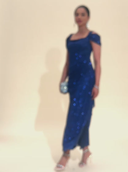 Ankle-Length Cold Shoulder Glitter Mesh Dress