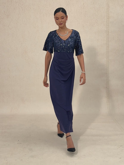Embroidered Sequin Empire Waist Gown with Flutter Sleeves