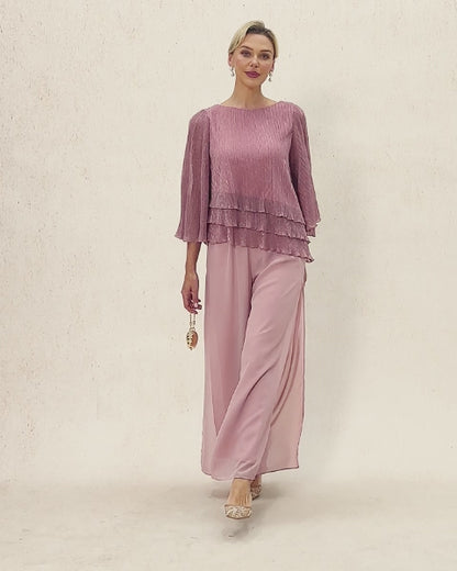 Metallic Pleated Chiffon Asymmetrical Layered Blouse