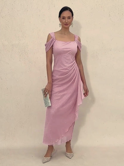 Knöchellanges, schulterfreies Glitzer-Netzkleid