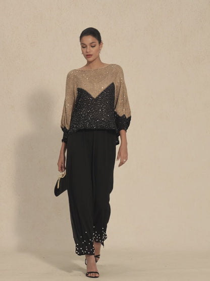 Maglione a Blocchi di Colore con Paillettes e Maniche a Pipistrello