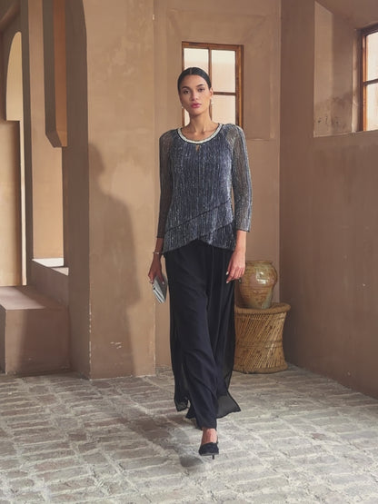 Blusa in chiffon glitter plissettato a strati