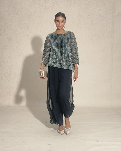 Metallic Pleated Chiffon Asymmetrical Layered Blouse