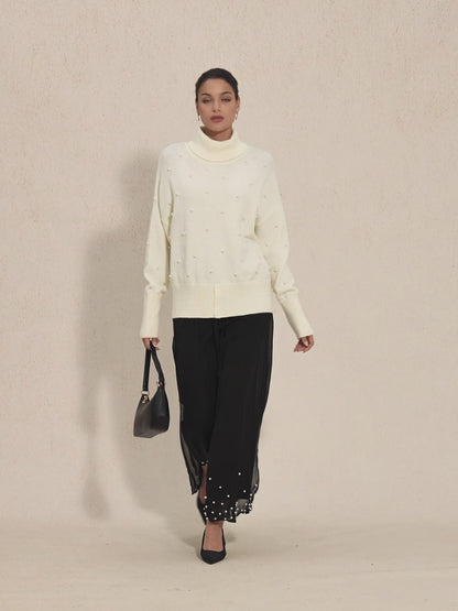 Pearl-embellished Turtle Neck Sweater