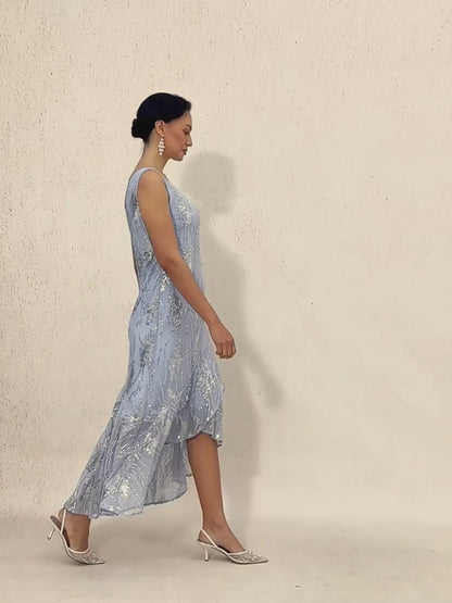 Sleeveless A-Line Maxi Dress with Mesh Sequin