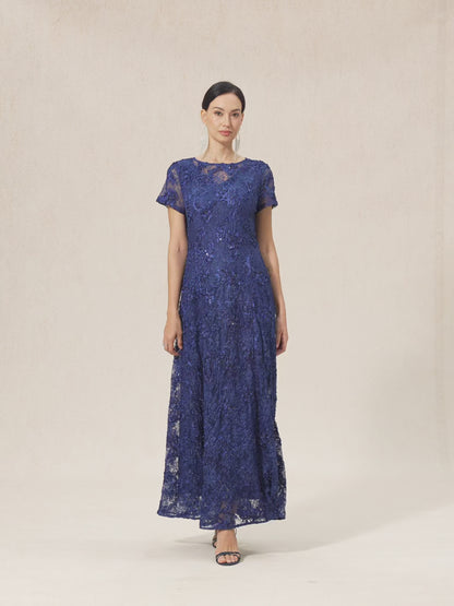 Rosette Lace A-Line Gown with Sequin Embellishment