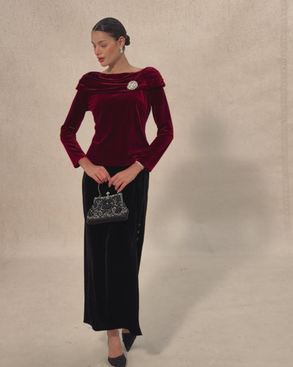 Long Sleeve Velvet Blouse with Ruched Collar