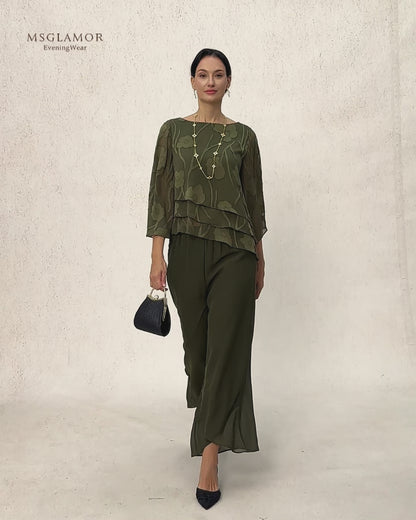 Straight Leg Mid Waist Layered Chiffon Pants