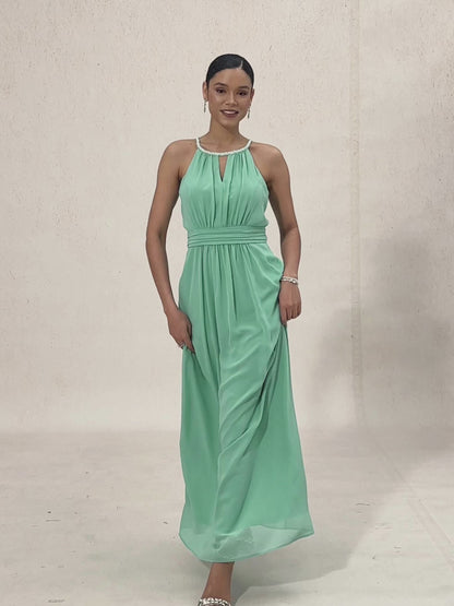 Chiffon Pearl Halter Neck Floor-Length Dress