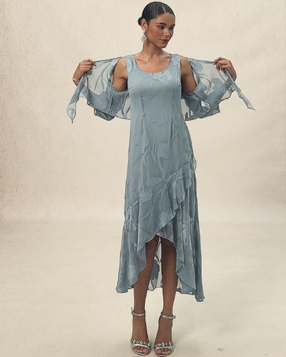 Floral Chiffon Sleeveless Evening Gown with Asymmetrical Hem