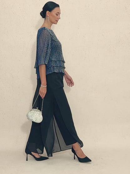 Metallic Pleated Chiffon Asymmetrical Layered Blouse