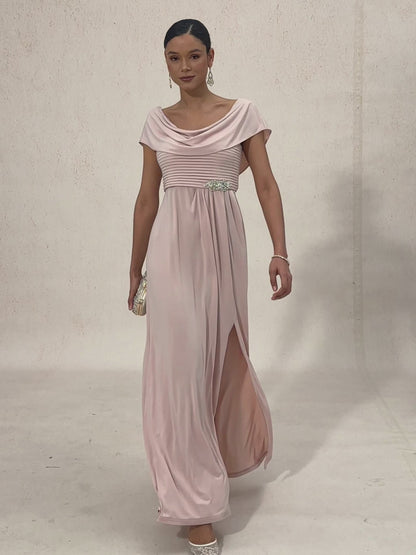 Draped Neck Jersey Evening Dress with Pleated Bodice