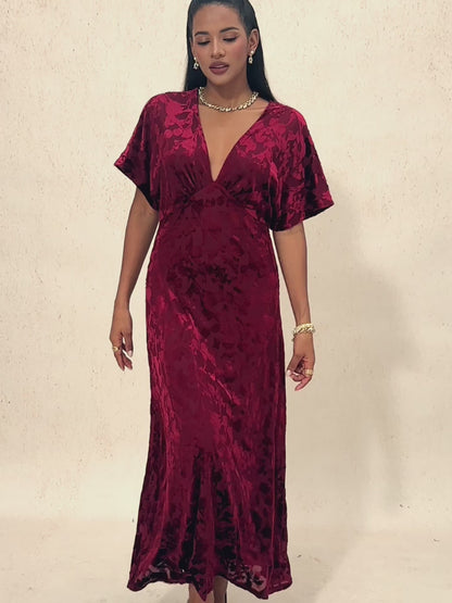 V-Neck Velvet Floral Maxi Dress