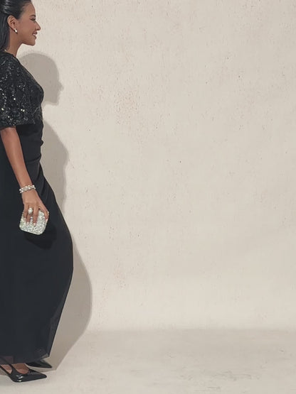 Embroidered Sequin Empire Waist Gown with Flutter Sleeves