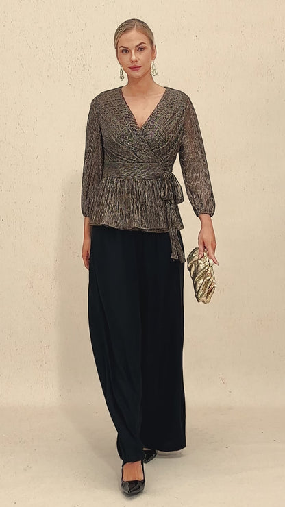 Metallic Pleated Chiffon Evening Wrap Top
