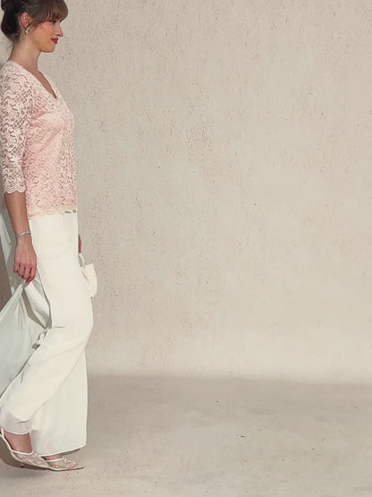 Feminine V-Neck Stretch Lace Top with Scalloped Hem