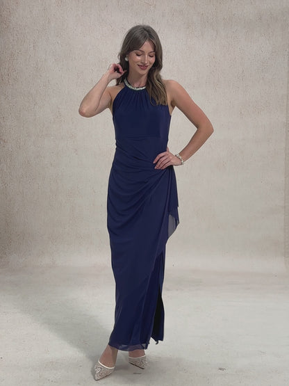 Elegant Beaded Halter Maxi Dress with Ruffle Detail