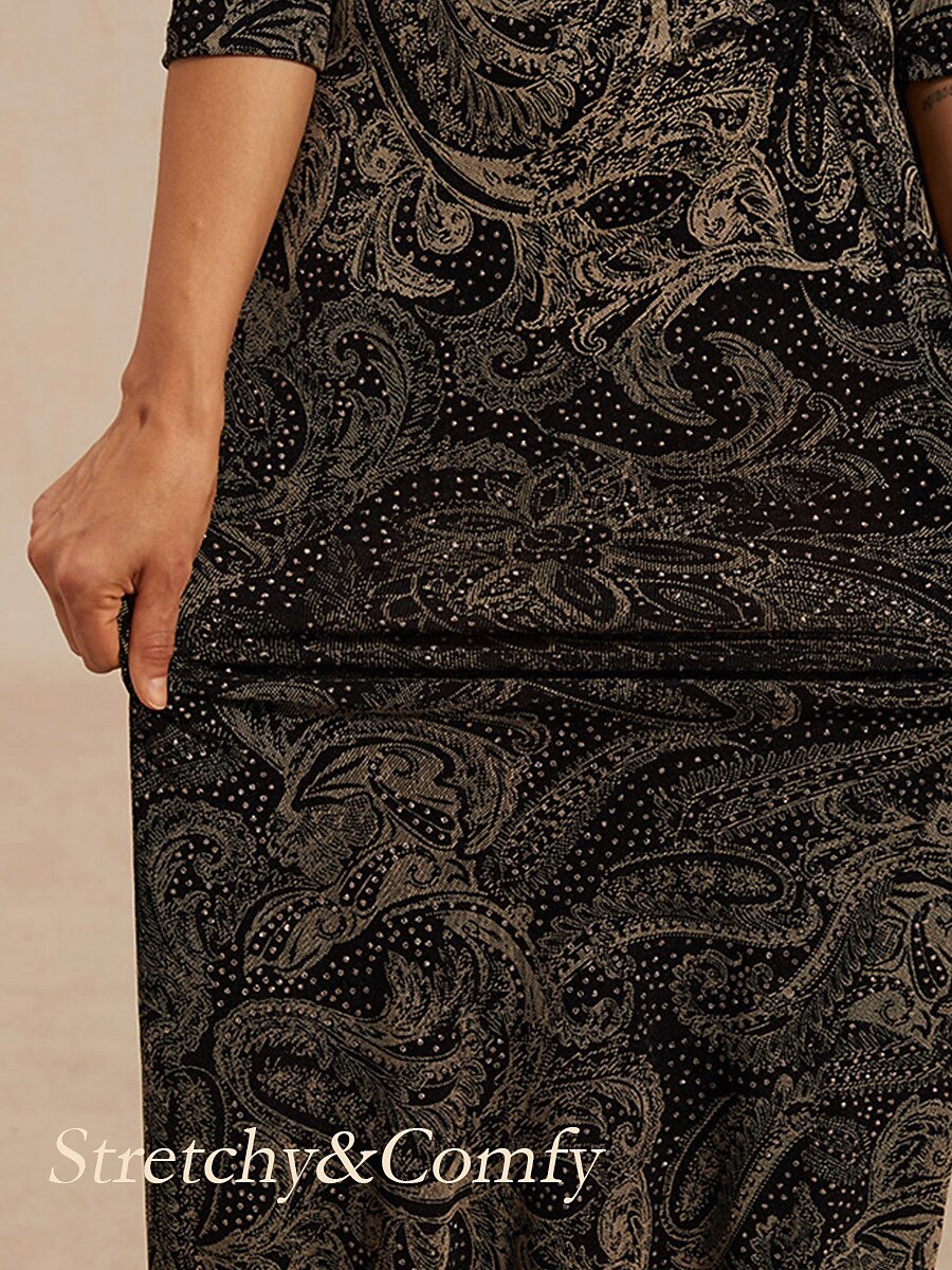 Paisley V-Neck A-Line Knit Dress with Waist Twist Design