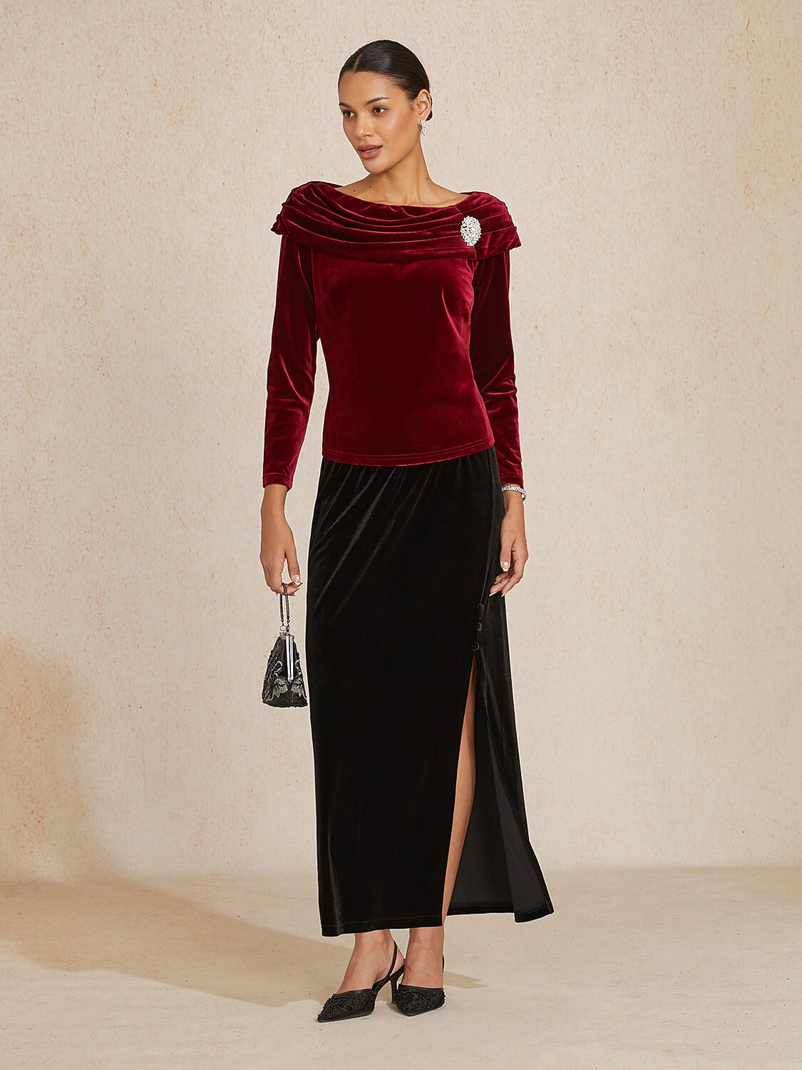 Long Sleeve Velvet Blouse with Ruched Collar
