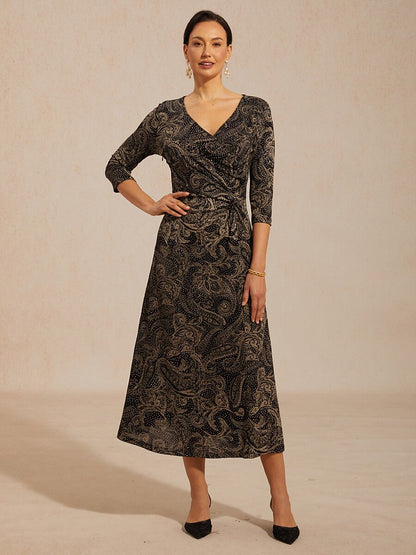 Paisley V-Neck A-Line Knit Dress with Waist Twist Design