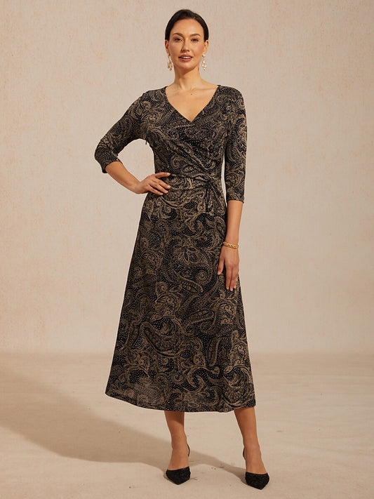 Paisley V-Neck A-Line Knit Dress with Waist Twist Design