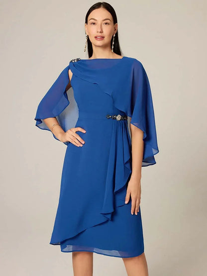 Asymmetrical Boat Neck Ruffled Chiffon Cape Dress