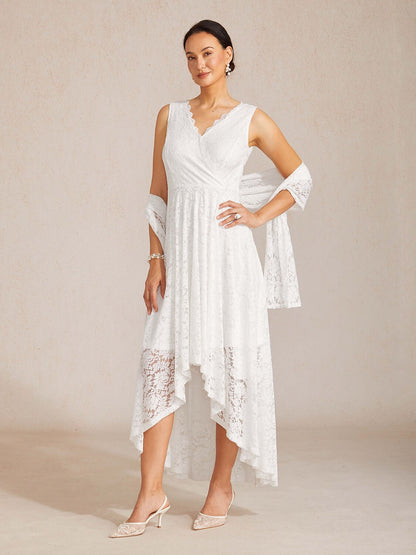 Scalloped V Neck Lace Evening Dress with Matching Shawl