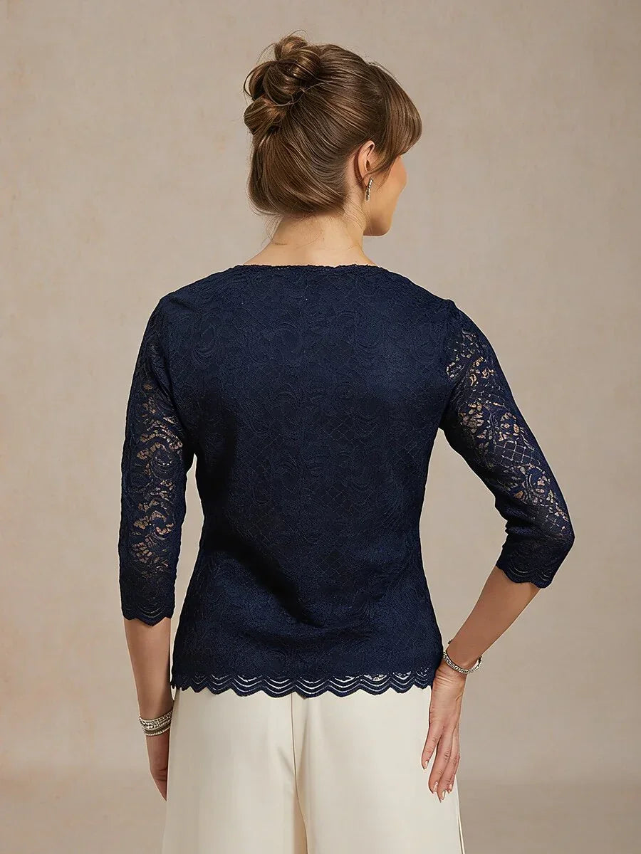 Feminine V-Neck Stretch Lace Top with Scalloped Hem