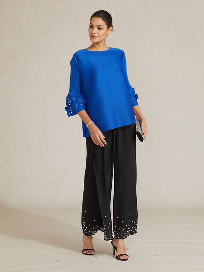 Pleated Floral Pearl Sleeve Top