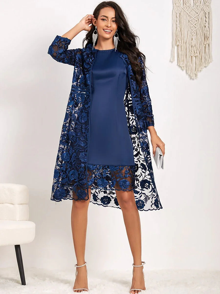 Blue Lace Satin Dress Set