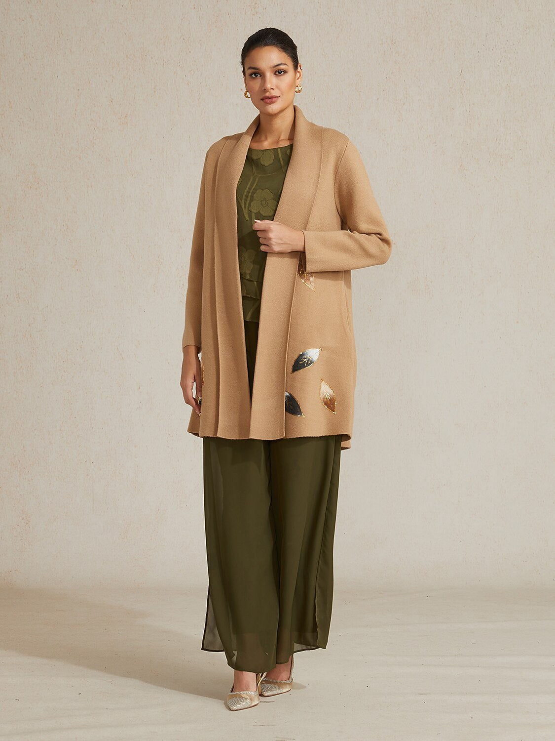 Long Embellished Leaf Cardigan