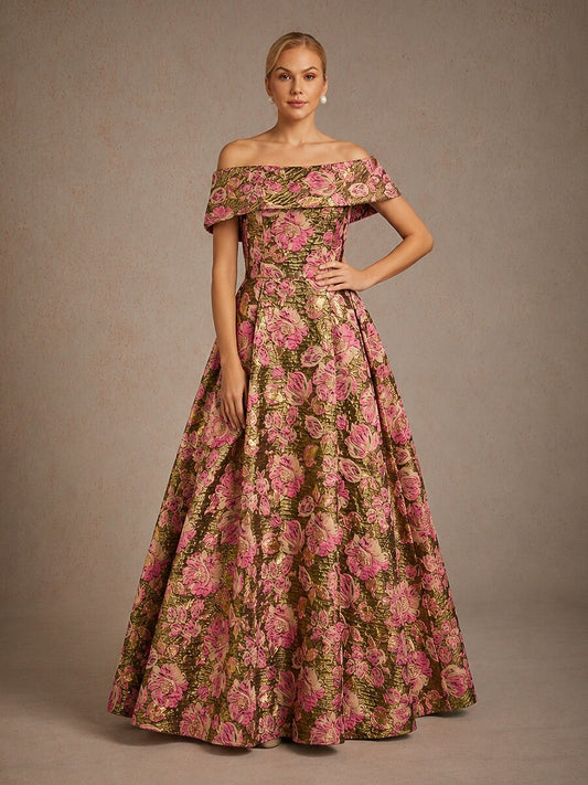 Off the Shoulder Metallic Floral Jacquard Ballgown