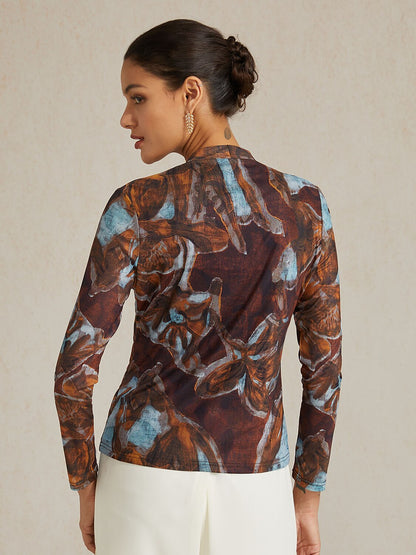Abstract Print Stretch Knit Top