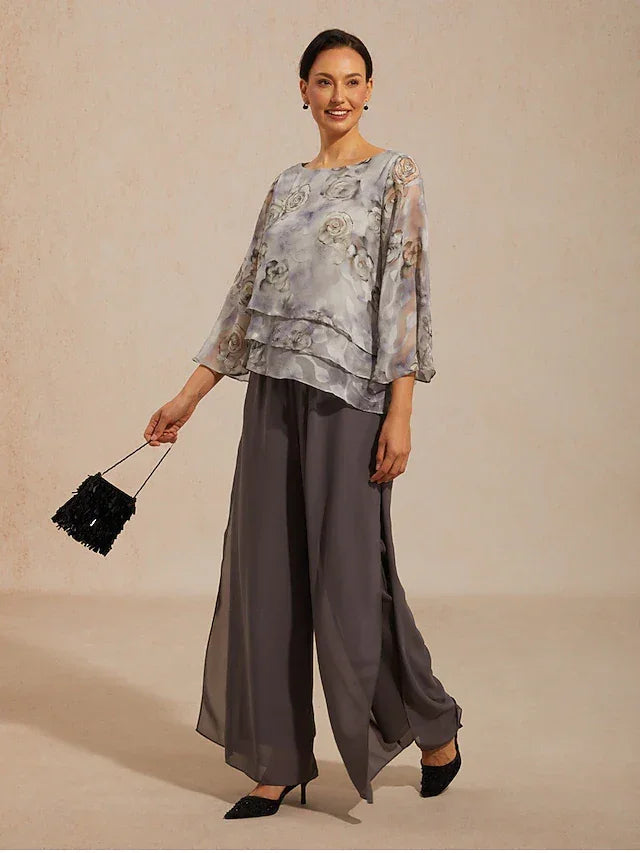 Chiffon Pants and Floral Layered Blouse Pant Suits