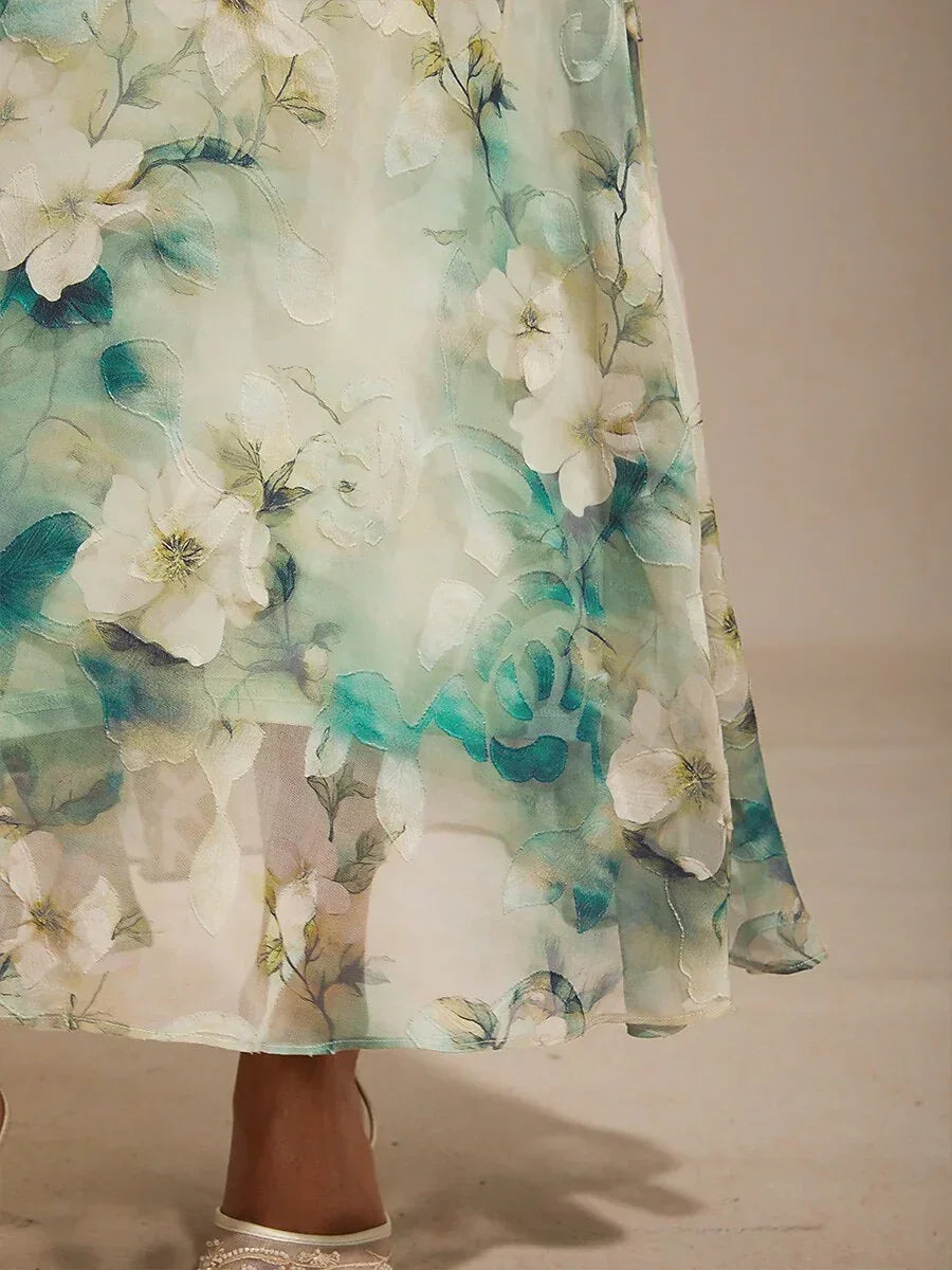 Floral Cowl Neck Tea-Length Dress with Flounce Hem