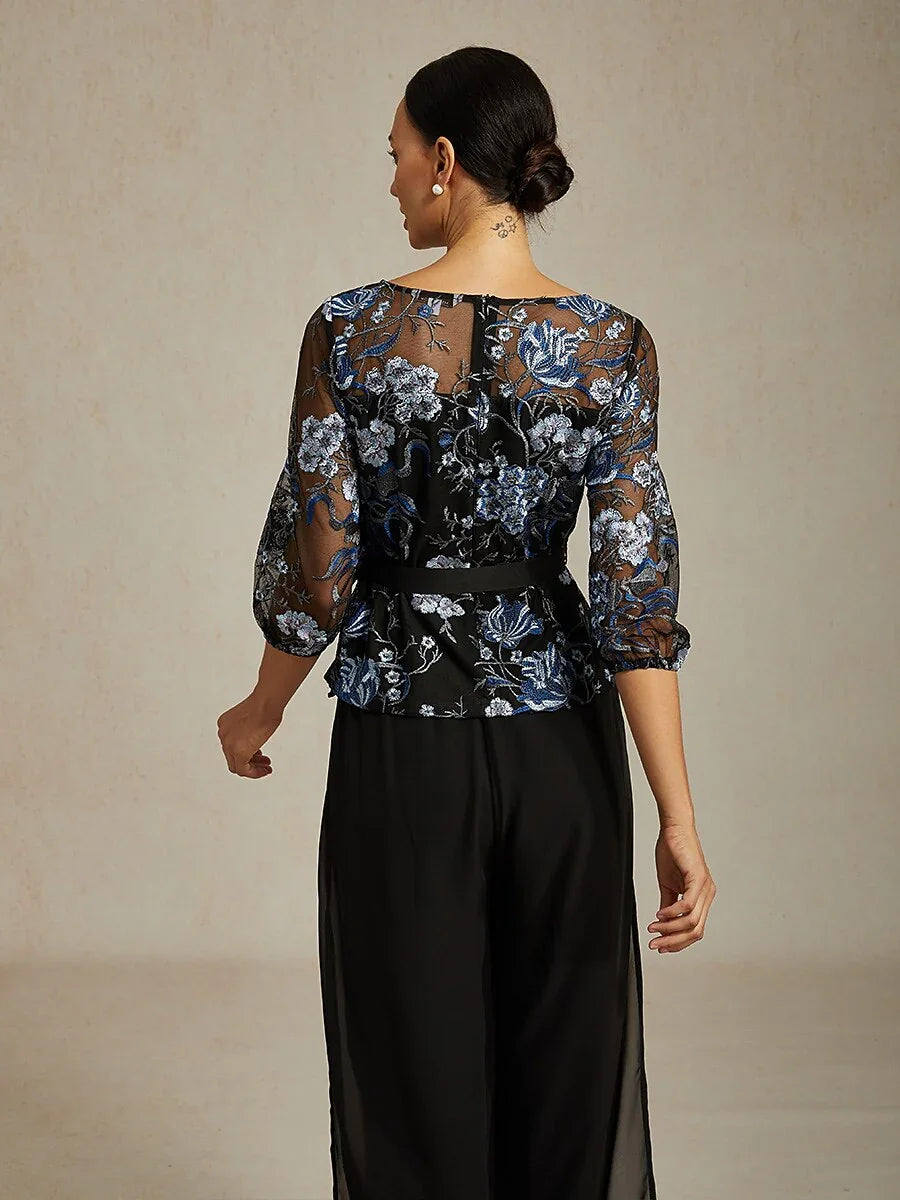 Bluse mit Blumenstickerei, 3/4-Puffärmeln und Illusionsausschnitt