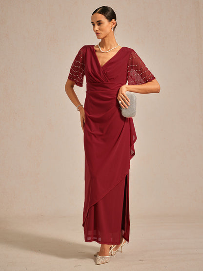 Elegant Formal Dress with Embellished Flutter Sleeves