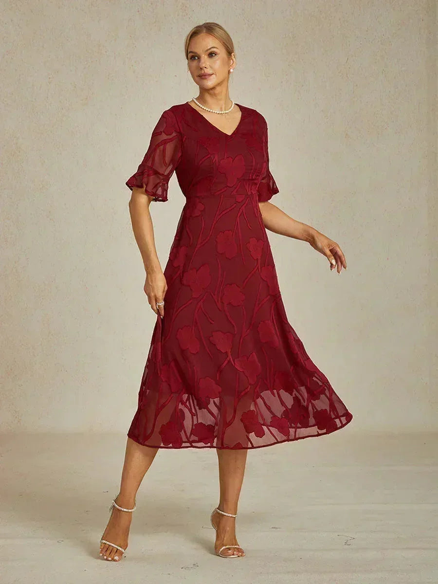 lace up ruffle maxi dress Lace Midi Dress Semi Sheer Floral Formal Navy Blue Black Green V Neck Short Flare Sleeve Wedding Guest Cocktail Party Over 50, Red / S