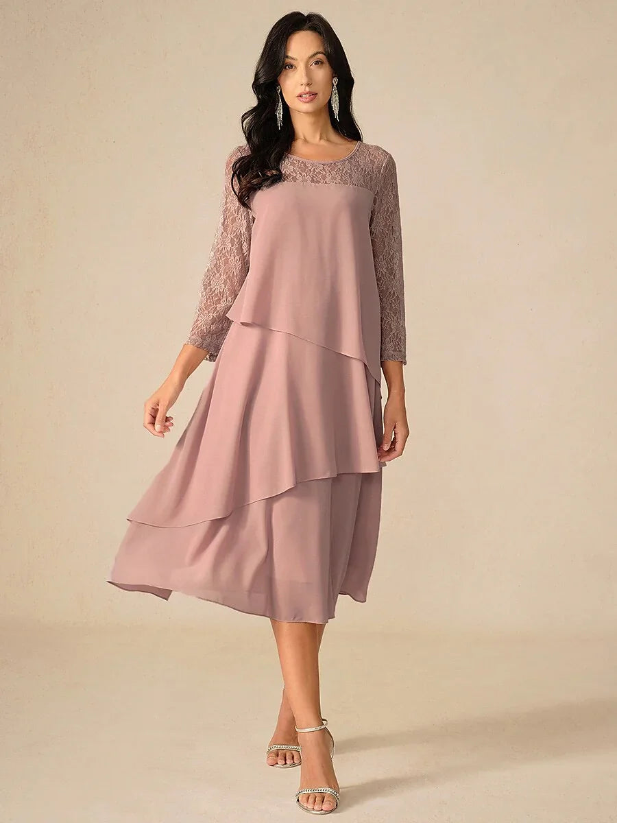 Lace Tiered Chiffon 3/4 Length Sleeve Dress