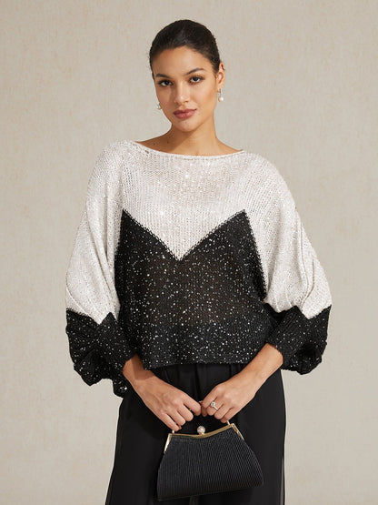 Sequin Colorblock Batwing Sweater