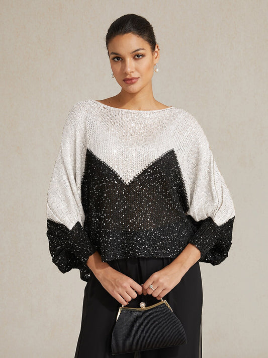 Sequin Colorblock Batwing Sweater
