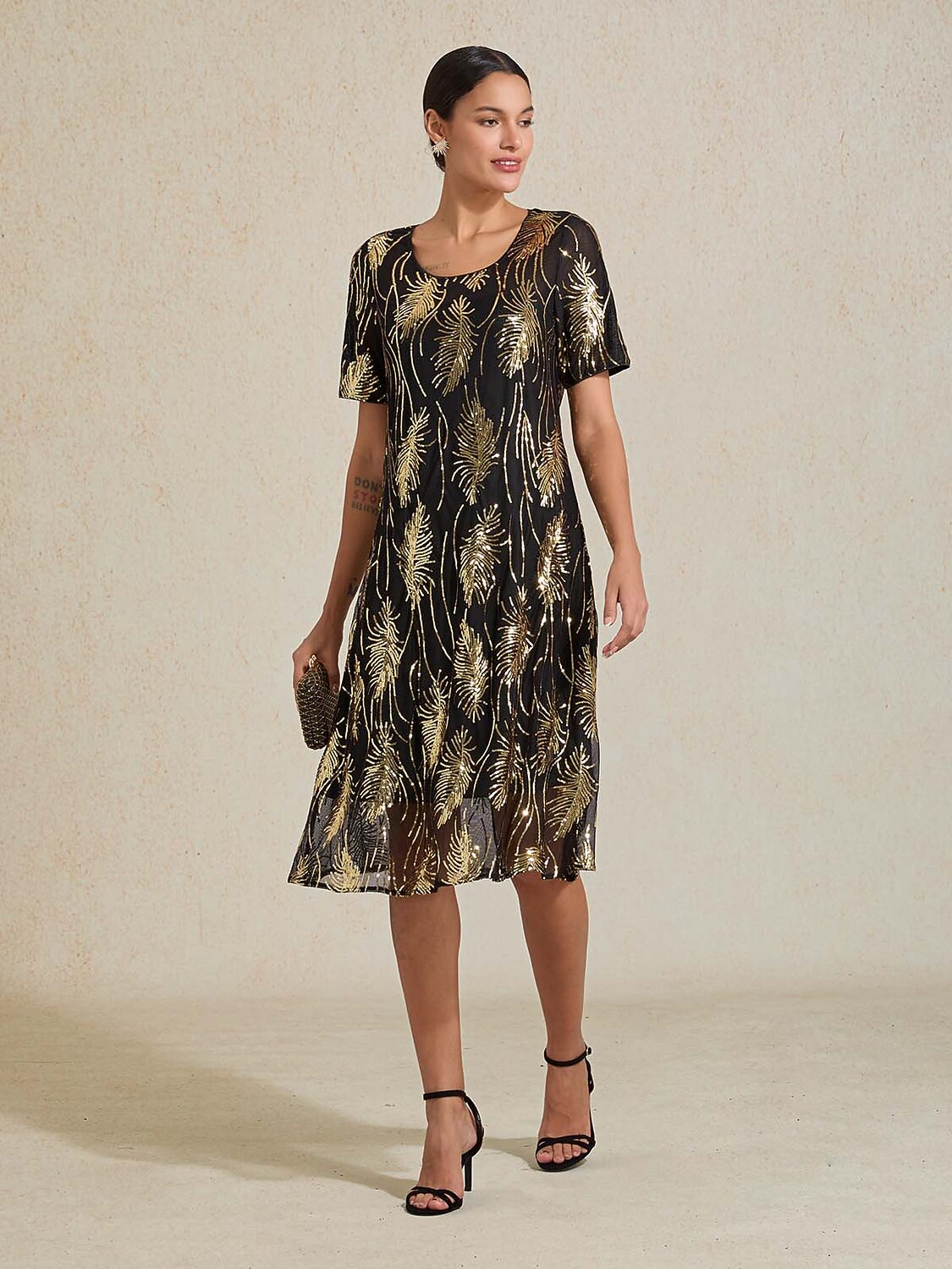Feather Sequin Embroidered Mesh Midi Dress